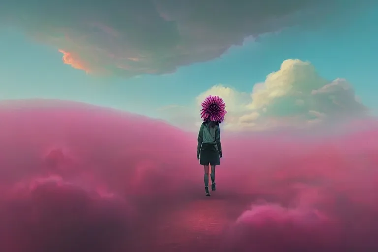 Image similar to giant dahlia flower on the head, girl walking on mountain, surreal photography, pink storm clouds, dramatic light, impressionist painting, digital painting, artstation, simon stalenhag