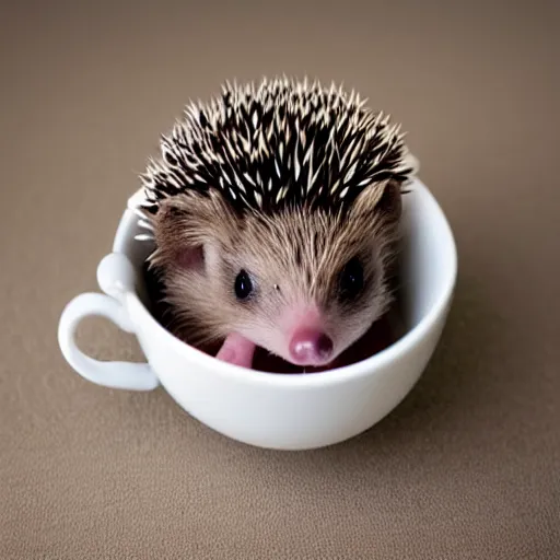 Image similar to baby hedgehog in a teacup, photography, minimalistic