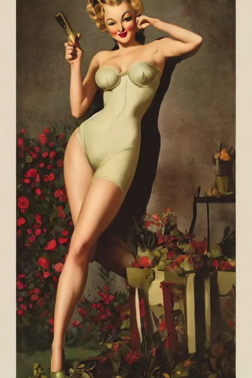 Image similar to a portrait one full body pin up post war dressing a military unioform,garden backgound Gil Elvgren style,center composition,anatomic correct