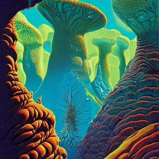 Image similar to striking colours vivid gaps holes neonothopanus creatures landscape art by roger dean, valley jagged arches, reflections, art by michael whelan, liquidart organic textures, seedpods, art by kilian eng, moebius artwork, futuristic by roger dean hires 8 k detailed natural textures