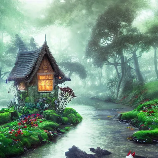 Prompt: forest grove, little gnomes, wooden moss covered houses, birds, flowing streams, cobblestone, windows lit up, thatched roofs, smoke puffing from chimneys, great forest trees, beautiful flowers, magical sunlight, yoshitaka amano, stunning, trending, best ever digital illustration,