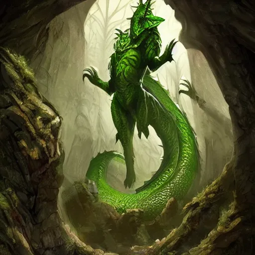 Prompt: fairy tale, painting, massive green dragon!!!, muscular, dnd, inside a dungeon, realistic!, dungeons and dragons, in front of small adventures in shadow, cinematic composition, medieval style, detailed, lens flare, fan art, digital painting, kodachrome, dramatic