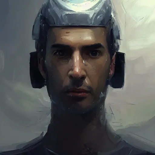 Image similar to portrait of a man by greg rutkowski, he is about 3 0 years old, short black hair with bangs, expression of terror and bewilderment, very tall and slender, he is wearing futuristic space gear, highly detailed portrait, digital painting, artstation, concept art, smooth, sharp foccus ilustration, artstation hq