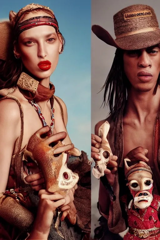Image similar to dolce & gabbana campaign featuring jar jar binks as a female cowgirl, long eyeslashes, huge juicy lips, big seductive eyes, shot by mario testino, realistic vfx simulation