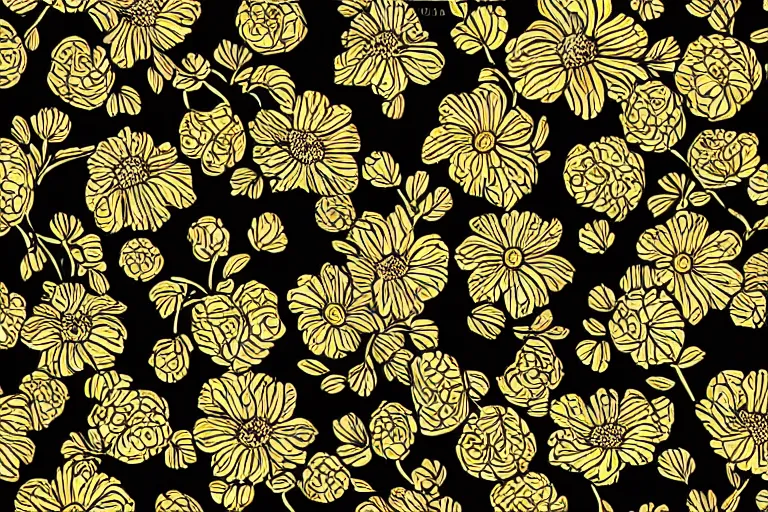 Image similar to elegant pattern of rustic flowers isolated in a black background : : art nouveau, by rafał olbinski