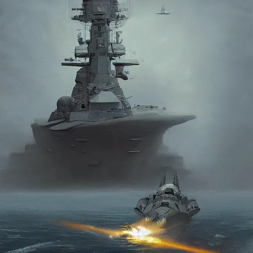 Image similar to science - fiction battleship in combat, in planet atmosphere and dense fog, explosions, highly detailed, trending on artstation, mate painting