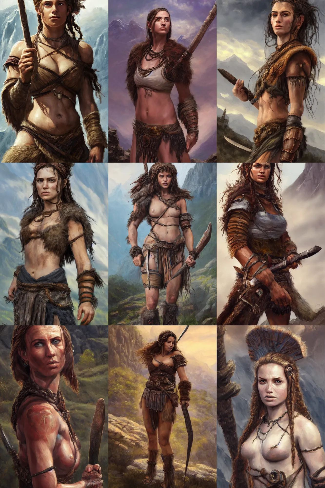 Image similar to a full body high detail fantasy portrait oil painting illustration of a beautiful young rugged stoic barbarian woman by justin sweet with face and body clearly visible, in a scenic background, pupils visible, realistic proportions, d & d, rpg, forgotten realms, artstation trending, high quality, sombre mood, artstation trending, muted colours, entire person visible!