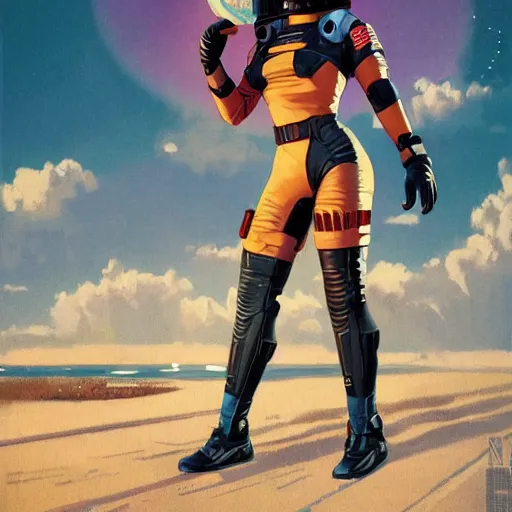 Prompt: black female cyberpunk astronaut in a spacesuit in a 1 9 5 0's pinup art, cinematic composition, award winning art, octane render, assymetrical, in the beach, artwork by norman rockwell