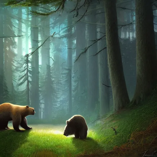 Prompt: a realistic fearful bear, beautiful, proportionate, atmosphere, vibe, forest, fern, flowers, concept art illustration, color page, tone mapping, james jean, andrei riabovitchev, marc simonetti, digital illustration, greg rutowski, volumetric lighting, sunbeams, particles