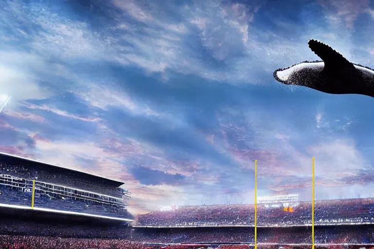 Image similar to a humpback whale flying in the air over an nfl football stadium ultra detailed realistic photograph cinematic lighting