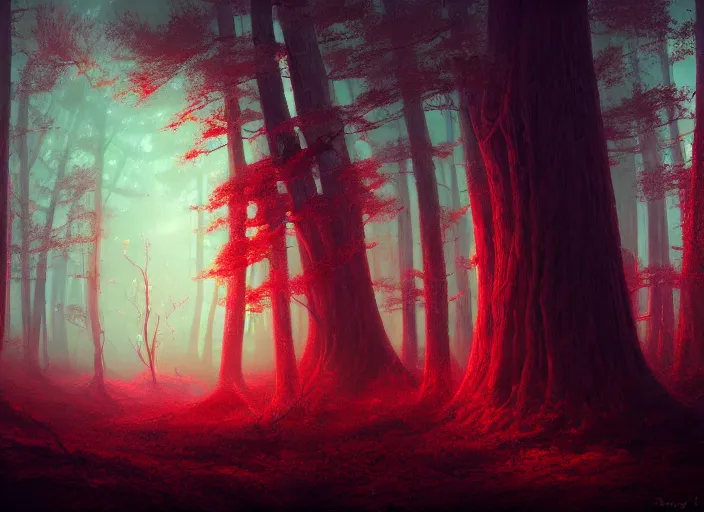 Image similar to red forest liminal space, night, artgerm, rutkowski, tooth wu, beeple, and intricate