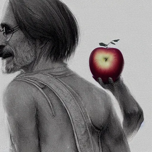 Image similar to a highly detailed epic cinematic concept art CG render digital painting artwork costume design: Steve Jobs as a student in a 1970s hippie costume holding a bitten apple. By Greg Rutkowski, Ilya Kuvshinov, WLOP, Stanley Artgerm Lau, Ruan Jia and Fenghua Zhong, trending on ArtStation, made in Maya, Blender and Photoshop, octane render, excellent composition, cinematic atmosphere, dynamic dramatic cinematic lighting, aesthetic, very inspirational, arthouse