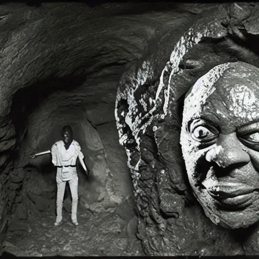 Prompt: photo inside a cavern of a wet reptilian humanoid sun ra partially hidden behind a rock, with black eyes, open mouth and big teeth