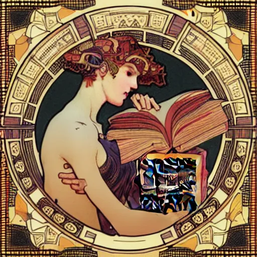 Image similar to digital art logo, books, by Mucha , ultradetailed, trending on artstation