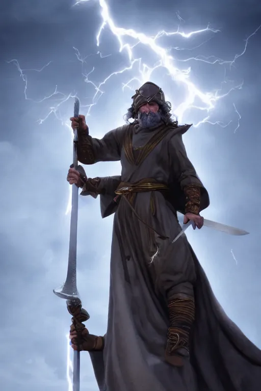 Prompt: wizard holding a sword that’s pointed towards the sky, getting shocked by lightning, octane, trending on artstation, hyper realistic, highly detailed