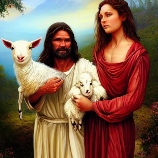 Image similar to a detailed fantasy character painting of Kurt Russell holding a lamb, dressed like Jesus Christ, by lauri blank, artgerm, evelyn de morgan, 8K, 50mm lens