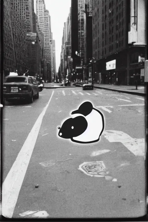 Image similar to photo polaroid of a raichu in the middle of a New York street, loneliness, war, black and white ,photorealistic, 35mm film,