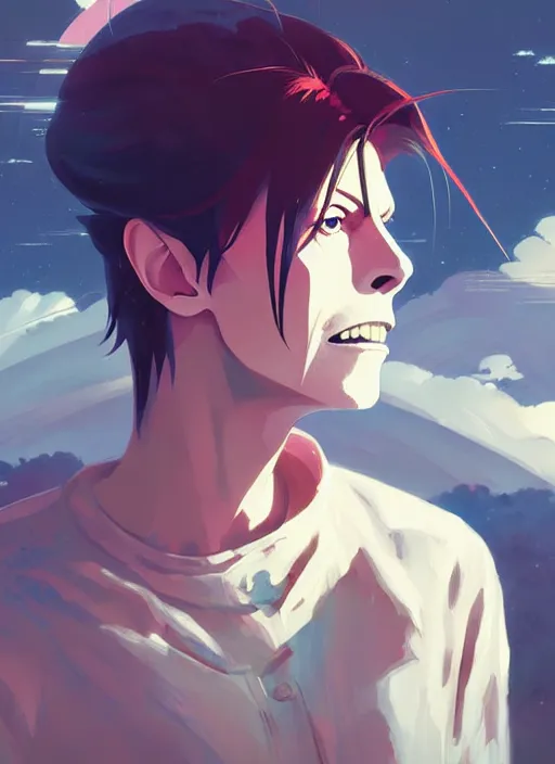 Prompt: portrait of david bowie, cloudy sky background lush landscape illustration concept art anime key visual trending pixiv fanbox by wlop and greg rutkowski and makoto shinkai and studio ghibli