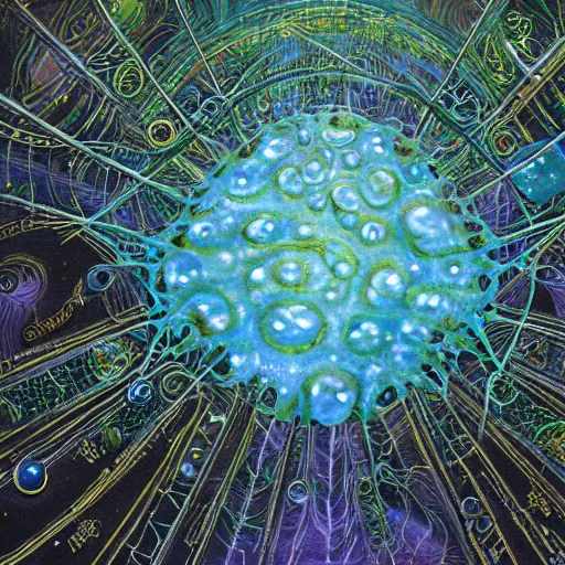 Image similar to cgsociety, hyperdetailed tapestry, rendering of shiny reflective specular dew drops forming in a colony of mycelium microplastics fused into rare lattice serpent sunstones, airbrush painting by Alfred Kelsner, glowing, trending on artstation, reflective movie still, imax 70 mm footage