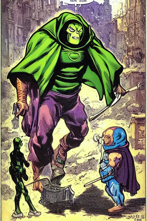 Prompt: dr. doom taking out the garbage, 6 0 ’ s style cartoon cover by jean henri gaston giraud, comic book artist moebius, comic book arzach style