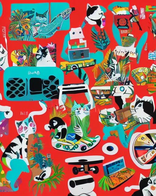 Image similar to art collage with cats, skateboards, boomboxes, american flags, tacos, and tropical plants, by Alex Yanes