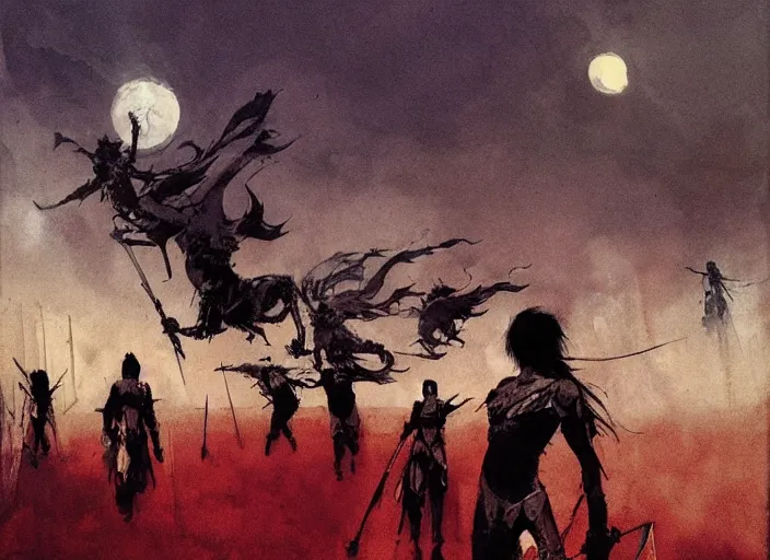 Image similar to beautiful as the moon, terrible as an army with banners. art by jeffrey catherine jones and jakub rozalski