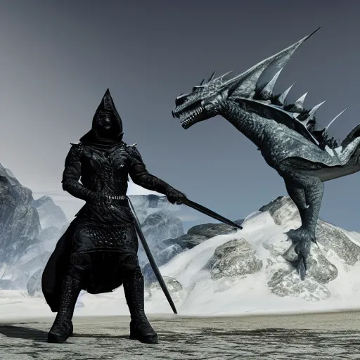 Image similar to a realistic full body of Konnor, a dragonborn, a black hood with black robes and a sword on his back, extremely realistic and detailed, standing in front of a mountain