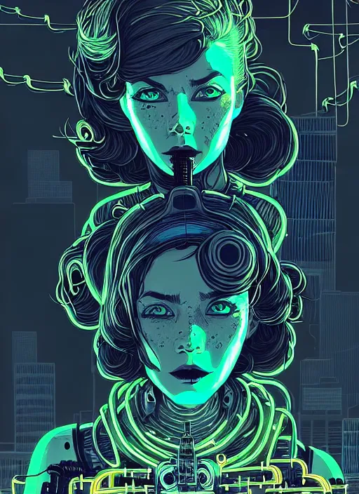 Prompt: highly detailed portrait of wasteland punk long curly neon blue electricity hair tribal lady, stray electric spark wiring by atey ghailan, james gilleard, by joe fenton, by greg rutkowski, by greg tocchini, by kaethe butcher, 4 k resolution, gradient yellow, black and white color scheme!!! ( ( lightning cloudy robotic dystopian city background ) )