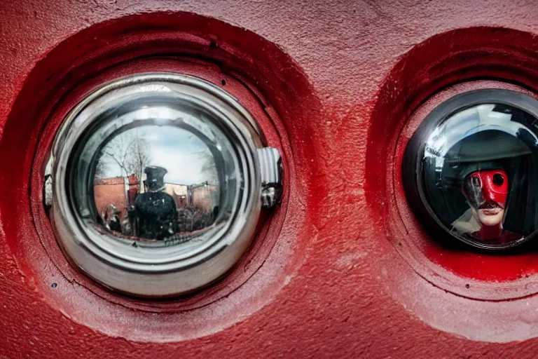 Prompt: a man in a metal mask with red cloak in full armor staring at you through a door peephole. fisheye lense