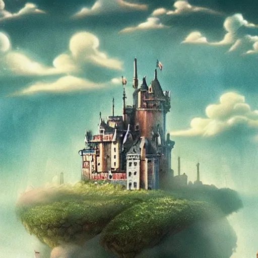 Image similar to a castle floating in a cloud with mythical creatures flying around it, exquisitely detailed, Miyazaki film, retro aesthetic, fantasy,