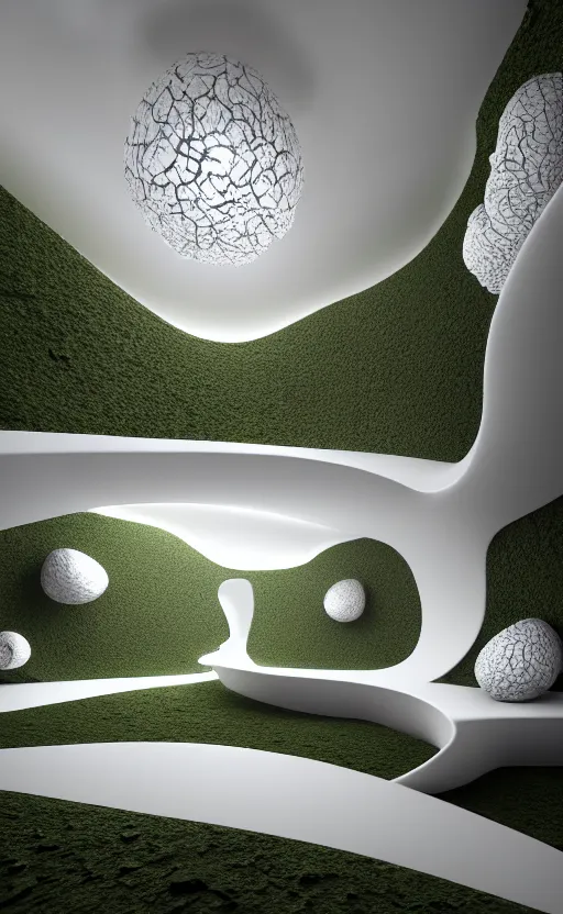 Prompt: highly detailed ultra sharp 3 d render villa interior cinematic composition of a smooth ceramic porcelain biomorphic magnolia stone nebula fluid fractal sci - fi surreal architecture landscape, white granite, metallic, magnesium, marble, moss and lichen, vincent callebaut composition, mamou - mani, archviz, beautiful lighting, 8 k, unreal engine, hdr,