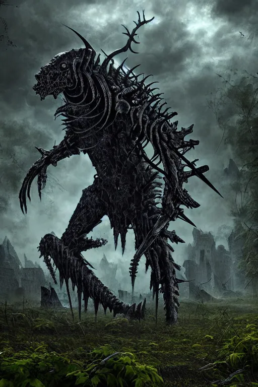 Image similar to post - gothic giant creepy chimera, exoskeleton armor, attacking with axe, dystopian ruins covered in vegetation, highly detailed smooth digital art masterpiece, vitaly bulgarov giger dramatic dark blue light, ground angle hd 8 k, sharp focus