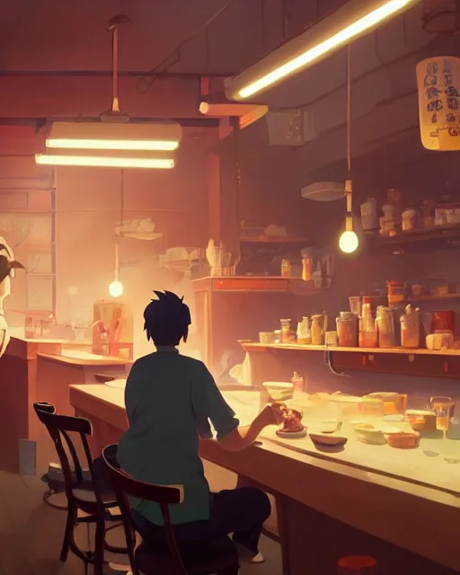 Image similar to a man cleaning the table in his ramen shop, cory loftis, james gilleard, atey ghailan, makoto shinkai, goro fujita, studio ghibli, rim light, exquisite lighting, clear focus, very coherent, plain background, soft painting