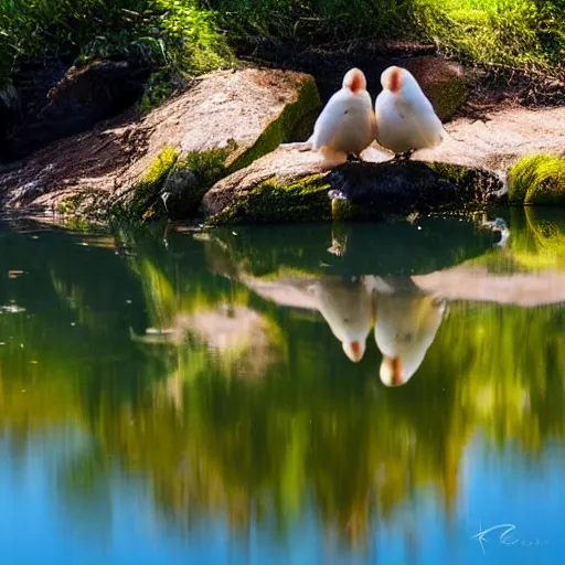 Image similar to lovebirds sitting in water, reflective, sunny day, landscape photography