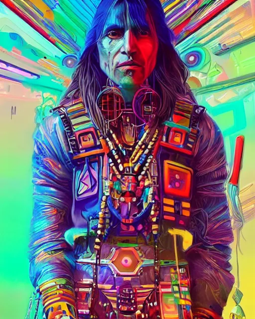 Image similar to colorful portrait of a futuristic native american indigenous hippie with cybernetics | highly detailed | very intricate | symmetrical | professional model | cinematic lighting | award - winning | painted by rossdraws and wlop and artgerm | pan futurism, dystopian, bold psychedelic colors, cyberpunk, anime aesthestic | featured on artstation