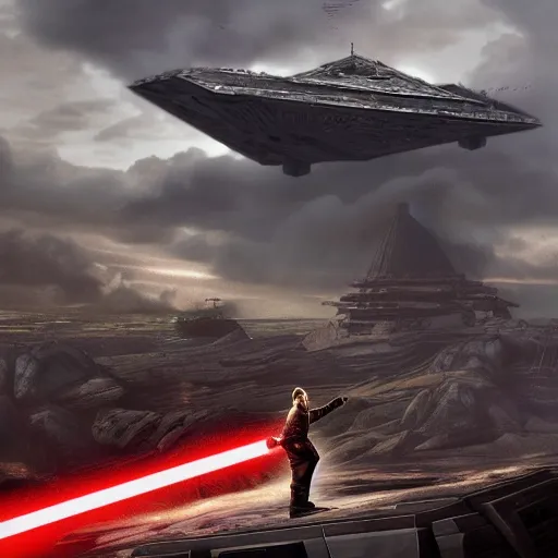 Prompt: a powerful jedi levitating using the force to pull down and crush a monumental size imperial star destroyer to the ground beneath his feet, extremely detailed image, high quality, photoshopped, 4 k high resolution, trending on artstation