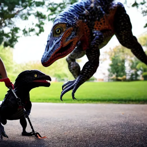 Image similar to a kid at the park walking a velociraptor with a leash