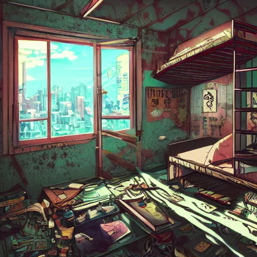 Image similar to anime background of the interior of a bedroom in the slums with a loft bed, book case, computer desk, blowling alley carpet, and built from various coral seashells and being reclaimed by nature, nostalgia, vaporwave, litter, steampunk, cyberpunk, caustics, anime, vhs distortion, dynamic shot, cinematic letterbox, art created by miyazaki