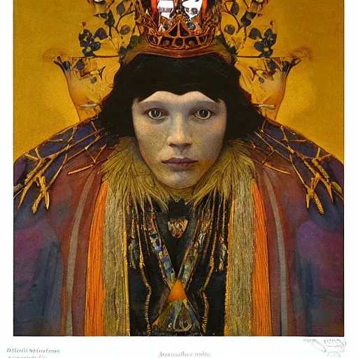 Image similar to portrait of a crow wearing a crown, by Annie Swynnerton and and Nicholas Roerich and Maxfield Parrish and Diego Rivera , symbolist, dramatic lighting, embroidered brocade robes, god rays, rich colors,smooth, sharp focus, extremely detailed