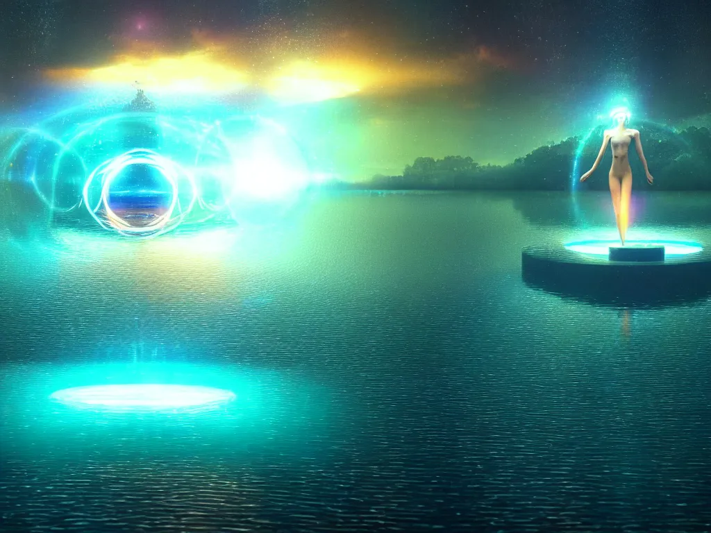 Prompt: beautiful oil on canvas of one beautiful magical gleaming holographic portal to another world, in a lake, opening under the water, magical, ethereal, sci - fi, art, 8 k render octane high definition