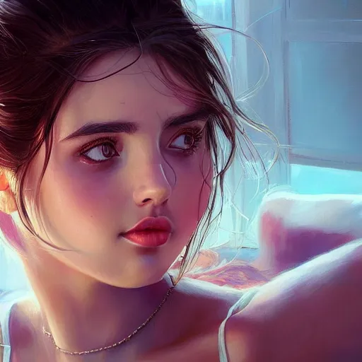 Image similar to a beautiful scenic painting of a beautiful young woman that looks like ana de armas by artgerm and wlop and wes anderson and spike jonze