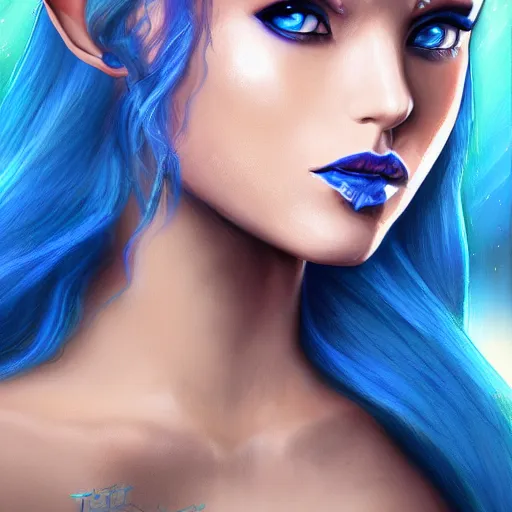 Prompt: Elf with blue skin, blue elf, blue, blue-skinned elf, green hair, glam hair, 80s hair, glam make-up, 80s, illustration, fantasy art, trending on ArtStation, 1980s fantasy art