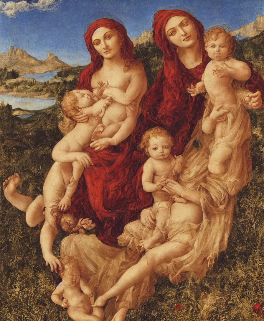 Image similar to Detailed Portrait of Madonna, with infant Jesus playin with thin long cross in the style of Raffael. Red curly hair, gloriole. They are sitting in a dried out meadow in Tuscany, red poppy in the field. On the horizon there is a blue lake with a town like florence and blue mountains alps. Golden Ratio. Flat perspective.