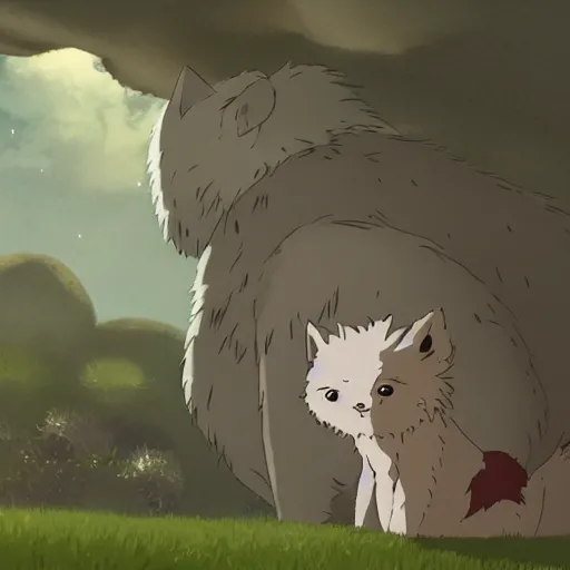 Image similar to guy with a furr creature,rain, kid and animal, climatic atmosphere made by studio ghibli, smooth, detailed face,, beautiful scene, 8k, clear