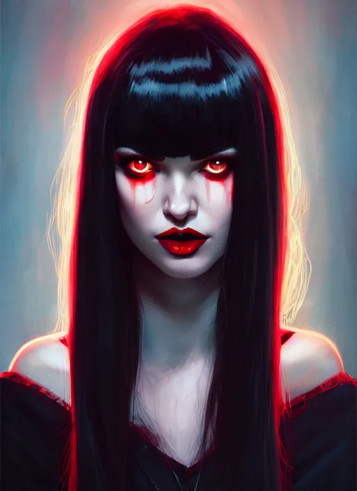 Image similar to portrait of vampire veronica lodge with bangs, vampire fangs, vampire, long hair, red clothes, bangs, vampironica, intricate, elegant, glowing lights, highly detailed, digital painting, artstation, concept art, smooth, sharp focus, illustration, art by wlop, mars ravelo and greg rutkowski