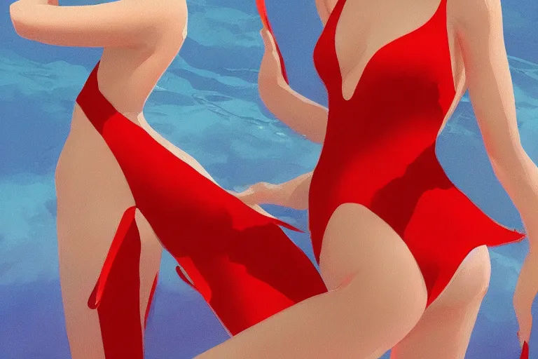 Image similar to fishes swim around woman in red swimsuit, highly detailed, smooth, sharp focus, concept art, illustration, beautiful, geometric, trending on artstation, cinematic, behance featured, artwork by Bowater, Charlie