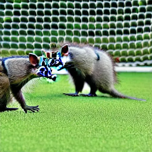 Image similar to a photograph of a soccer match between racoons and opossums