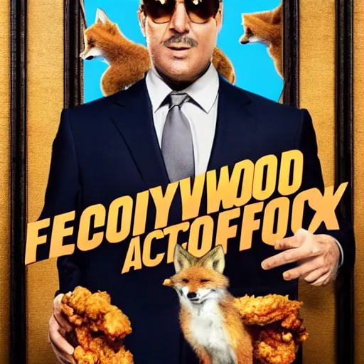 Image similar to hollywood quality poster for an action movie fearing an ahtnropomorphic male foxes in a suit stealing fried chicken, promotional media
