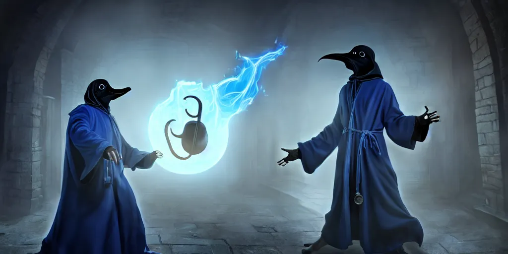 Prompt: action packed scene of a plague doctor in a blue wizard robe who is casting a spell that is coming from his hands he is in an alchemist lab, action pose, medium shot, waist up, digital art, photoreal, 4 k, unreal engine 5, anime, d & d design, gta cover art, comic book art