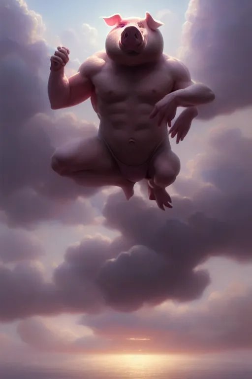 Prompt: Pig mixed with a greek god sitting in the clouds, very detailed, dramatic lighting, electrical details, high details, 4k, 8k, trending on artstation, by Greg Rutkowski, Wayne Barlowe, Hajime Sorayama and Boris Vallejo